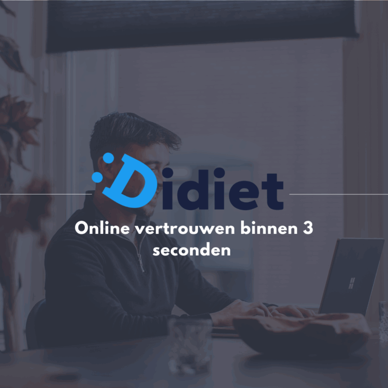 Mockup van een blog met de titel “Didiet – Online vertrouwen binnen 3 seconden” in een zakelijke setting op een computerscherm.