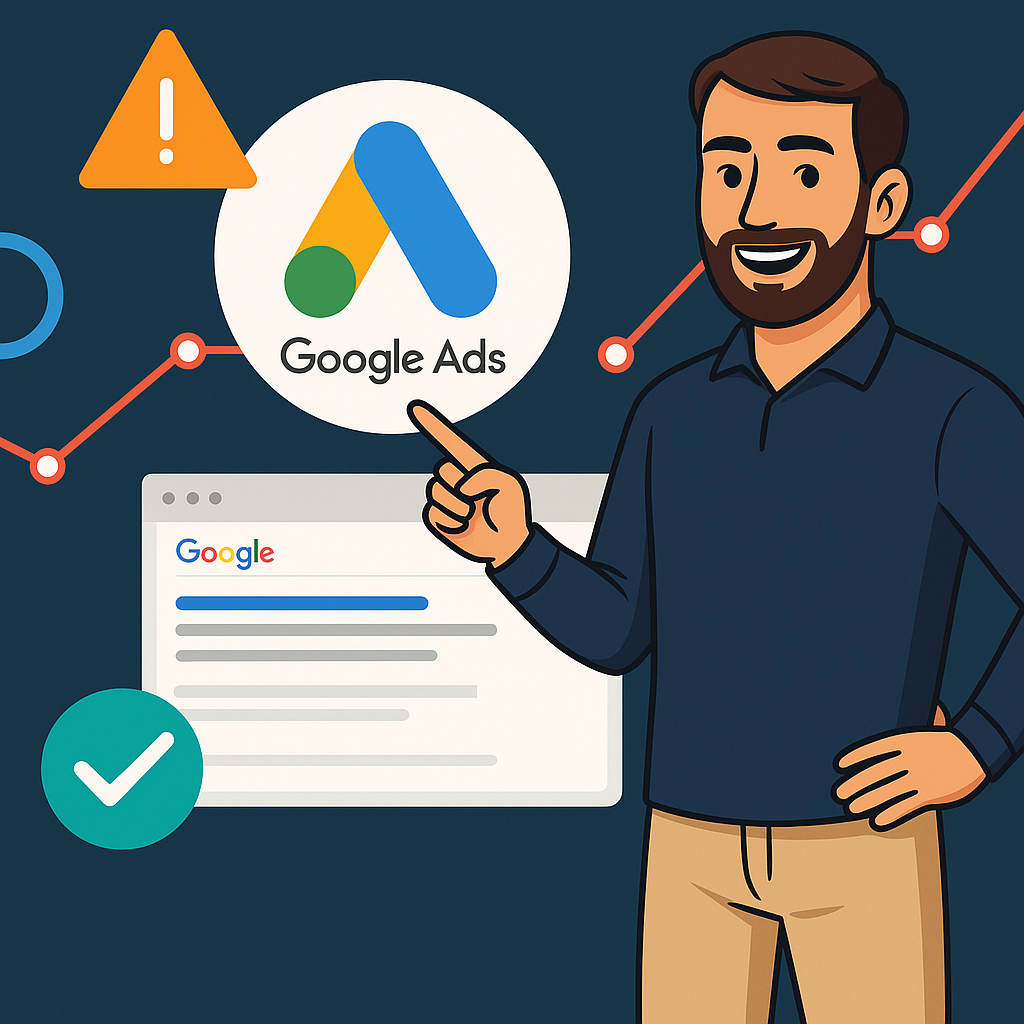 Illustratie van Didiet die naar het Google Ads logo wijst met grafieken en iconen op de achtergrond, voor een blog over online adverteren.