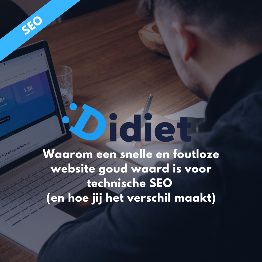 Een marketeer analyseert website-prestaties op een laptop terwijl laadsnelheid en SEO-grafieken in beeld zijn, symbool voor een snelle en foutloze website die technisch geoptimaliseerd is voor zoekmachines.